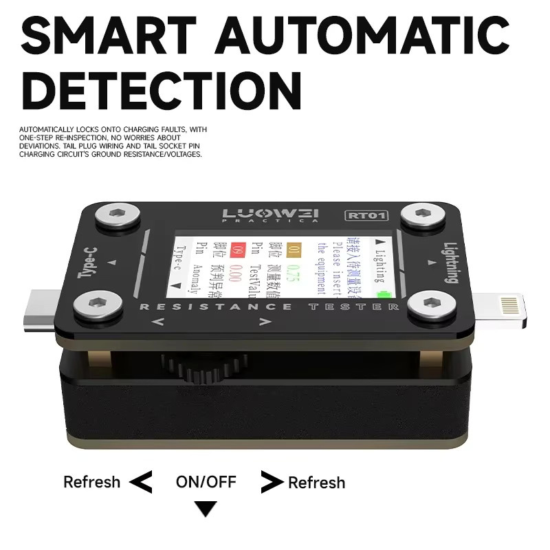LUOWEI LW-RT01 Heckteinsatz-Tester für Mobiltelefone mit USB-C-Beleuchtungsdock-Anschluss und automatischer Erkennung in Schwarz - Bild 4