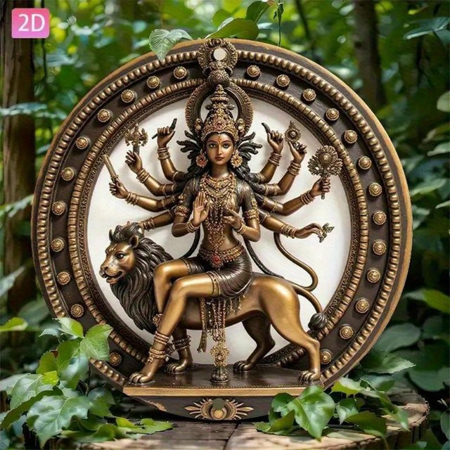 HELLOYOUNG Vintage Hindu-Göttin Durga Statue als Wandkunst-Plakette aus Aluminium in Gold und Schwarz mit Löwenhalterung - Bild 1