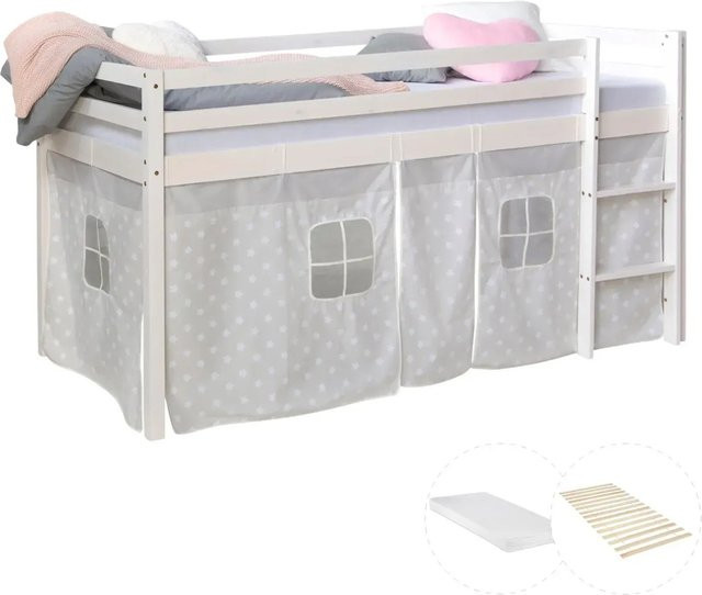 Homestyle4u Hochbett aus Kiefernholz mit Lattenrost und Schaumstoffmatratze in Weiß, B/T/H: 90 x 200 x 207,5 cm - Bild 1