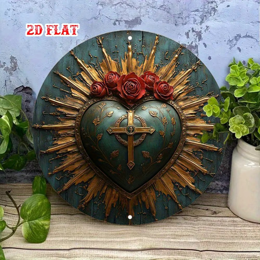 Rundes Aluminiumschild HELLOYOUNG Religious Sacred Heart mit floralem Rosen-Motiv in Mehrfarbig, Durchmesser: 20 cm - Bild 2