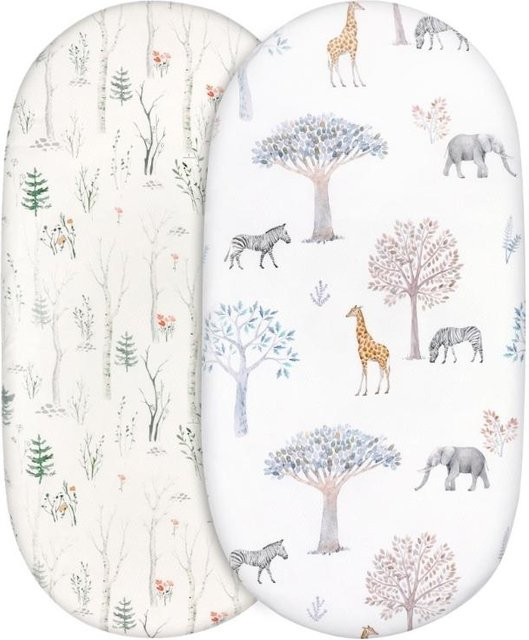 2er Pack Baby Spannbettlaken mit Cartoon-Tierdruck, elastische Matratzenbezüge für Stubenwagen und Krippenbetten, weiß/mehrfarbig - Bild 1