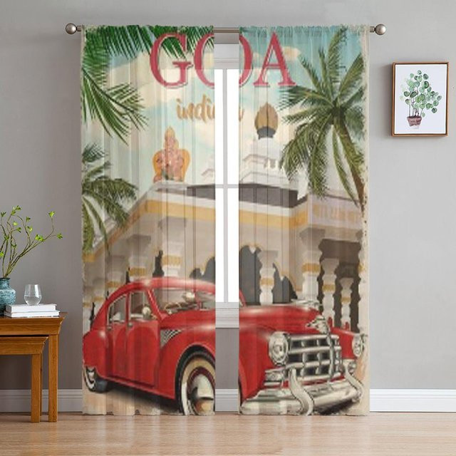 Dekorativer Tüllvorhang Goa Indien mit Retro-Auto in Grau, Transparenter Organza-Schleier für Wohnzimmer und Schlafzimmer, Breite: 135 cm, Höhe: 114 cm - Bild 1