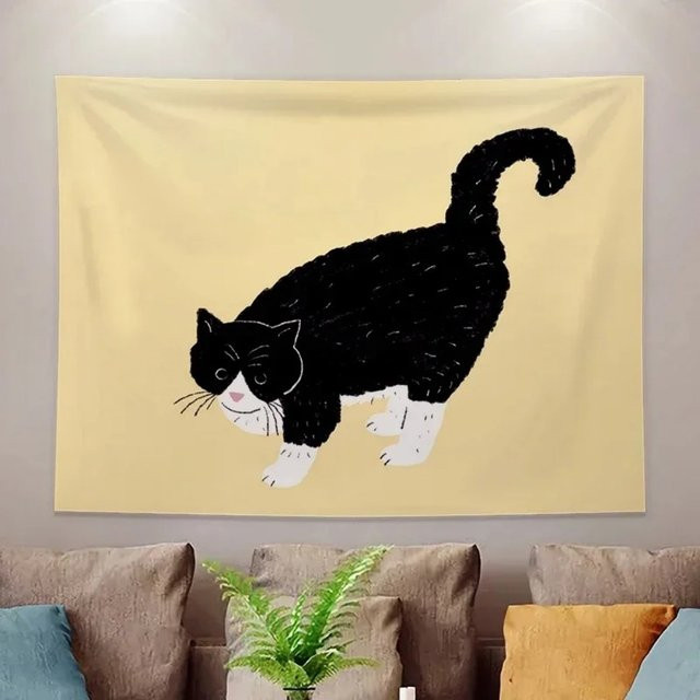 VIKAMA Wandteppich im nordischen Stil mit schwarzem Katzenmuster, Wanddekoration für Wohnzimmer und Schlafzimmer, B/H: 90 x 60 cm - Bild 1