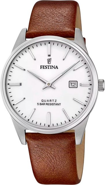 Festina Herrenuhr, Quarz, Edelstahl, 39 mm, Leder, Weiß, 5 ATM - Bild 1