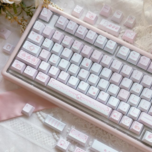 MAIMOOO Dessert-Katze Tastenkappen Set, Rosa, 130 PBT-Keycaps mit Kirschprofil für mechanische Tastaturen - Bild 1
