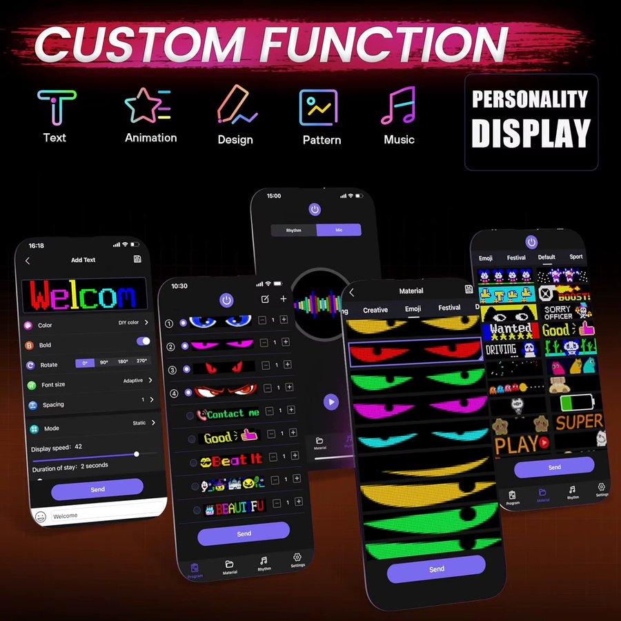 GOTUS Programmierbares LED-Display in Schwarz mit App-Steuerung, flexibles Multi-Text-Muster und Uhranzeige, Multicolor - Bild 3