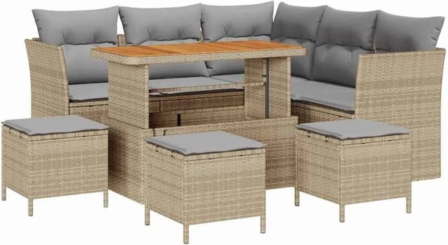vidaXL Garten-Sofa-Set 9-tlg. in L-Form mit Kissen und Couchtisch, Beige und Hellgrau - Bild 1