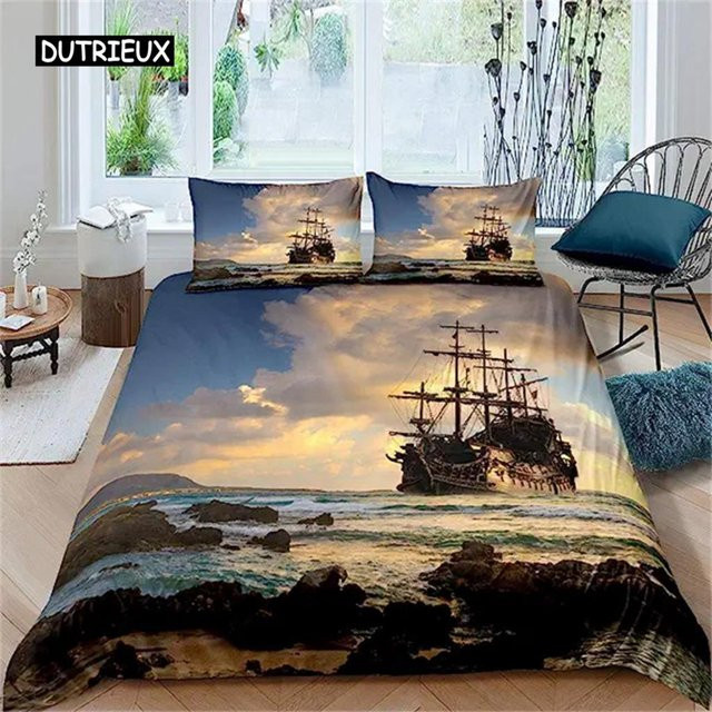 Binchi Outdoor Product Bettwäsche-Set Piraten-Motiv mit Segelboot und Sonnenuntergang, Maritimer Stil, Mehrfarbig, B/H: 172 x 218 cm - Bild 1