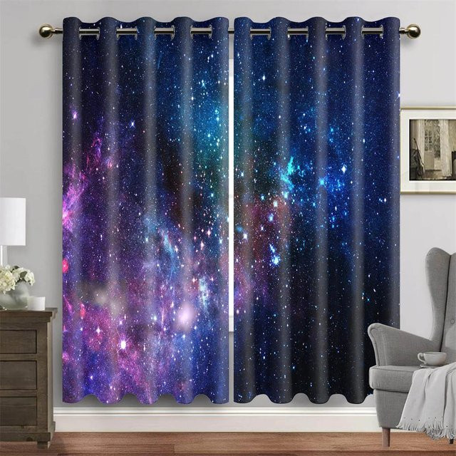 2er-Set bedruckte Fenstervorhänge mit Weltraum-Motiv Erde Nacht Milchstraße und Sternenhimmel in Blau, semi-transparent, B: 100 cm, H: 160 cm - Bild 1