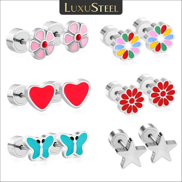 LUXUSTEEL Ohrstecker Edelstahl, Rosa, Herz und Schmetterling, Kinder - Bild 1