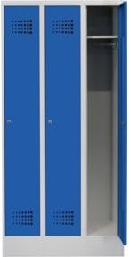 STIER Garderobenspind Premium mit Sockel, 3 Abteile, Zylinderschloss und Kleiderstange, lichtgrau/enzianblau - Bild 1