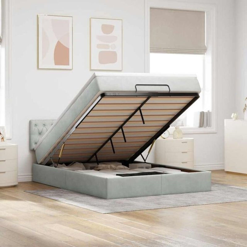 Vidaxl Ottoman Polsterbett mit Matratze und LED in Hellgrau aus Samt, B/T: 140 x 190 cm - Bild 1