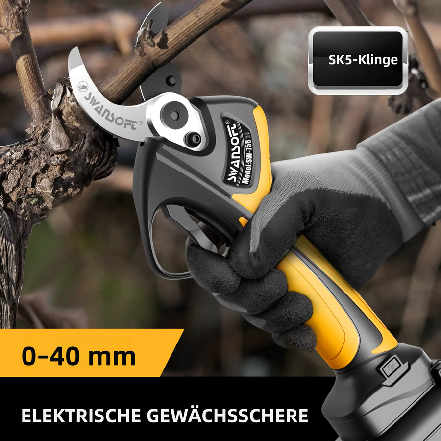SWANSOFT Elektrische Gartenschere Schwarz mit 1050W Motor, 21V Akku-Gartenschere inklusive 2x 4Ah Akkus für professionelles progressives Schneiden bis 40 mm - Bild 3