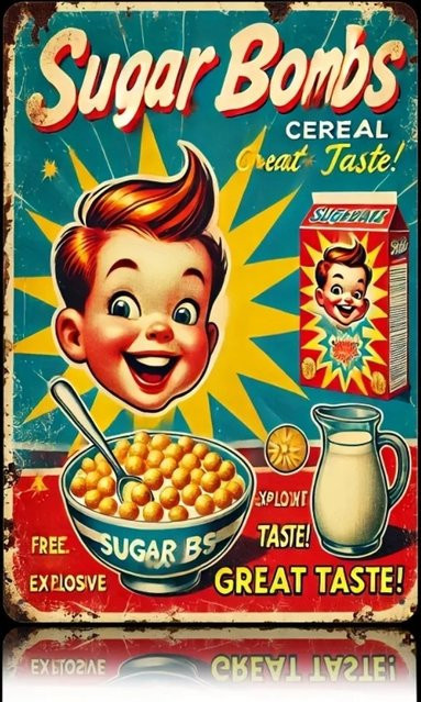 VintageGameDecor Fallout 3 Sugar Bomb Cereal Blechschild Retro-Metallschild mit Illustration eines fröhlichen Jungen - Bild 1