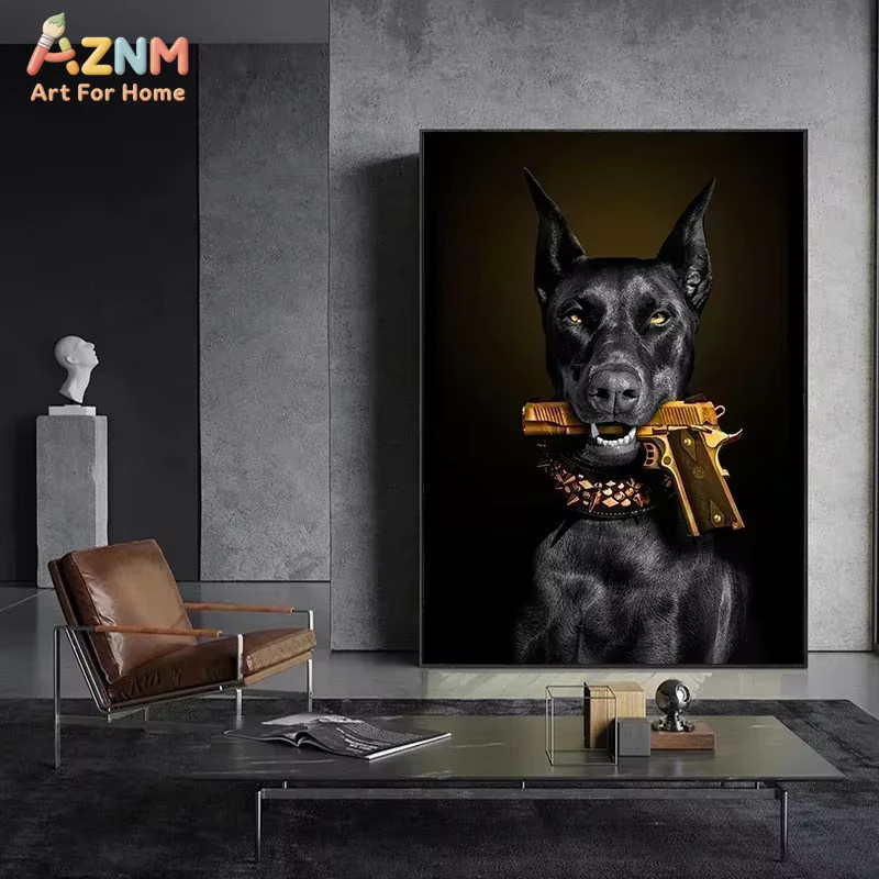 AZNM Leinwand-Wandkunst Dobermann Tierporträt in Schwarz-Gold für dein Wohnzimmer oder Schlafzimmer - Bild 4