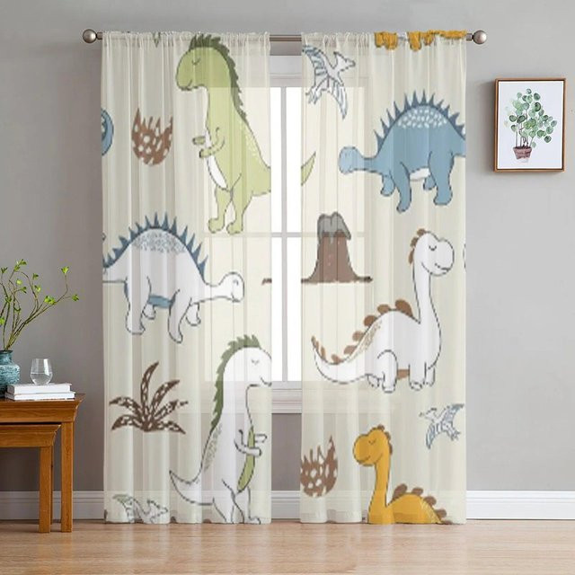 A Family Of Home Textiles Transparente Voile-Fenstervorhänge mit Dinosaurier- und Pflanzen-Motiv in Tiergrün, 2er-Set, Breite: 135 cm, Höhe: 114 cm - Bild 1