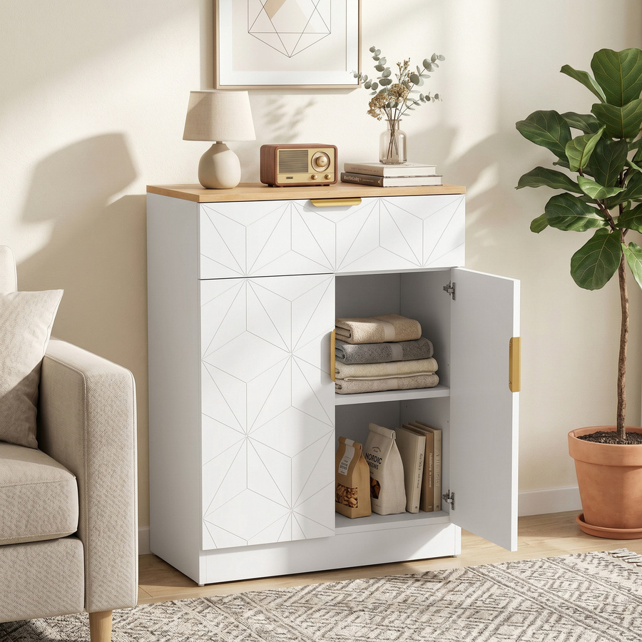 HOMCOM Sideboard moderner Aufbewahrungsschrank mit Schublade und verstellbarem Regal in Weiß mit Gold, geometrisches Design für Wohnzimmer, Küche oder Flur - Bild 2