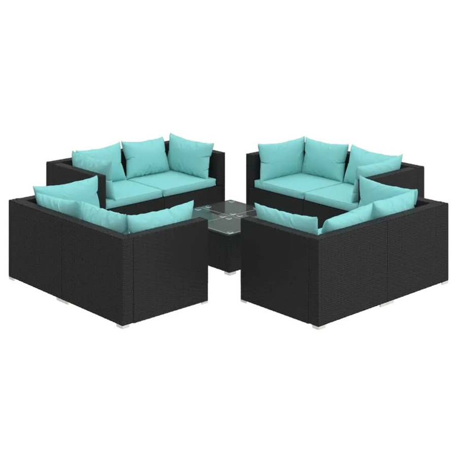 vidaXL 9-teiliges Garten-Lounge-Set in U-Form aus Poly Rattan mit Kissen in Schwarz und Blau - Bild 2