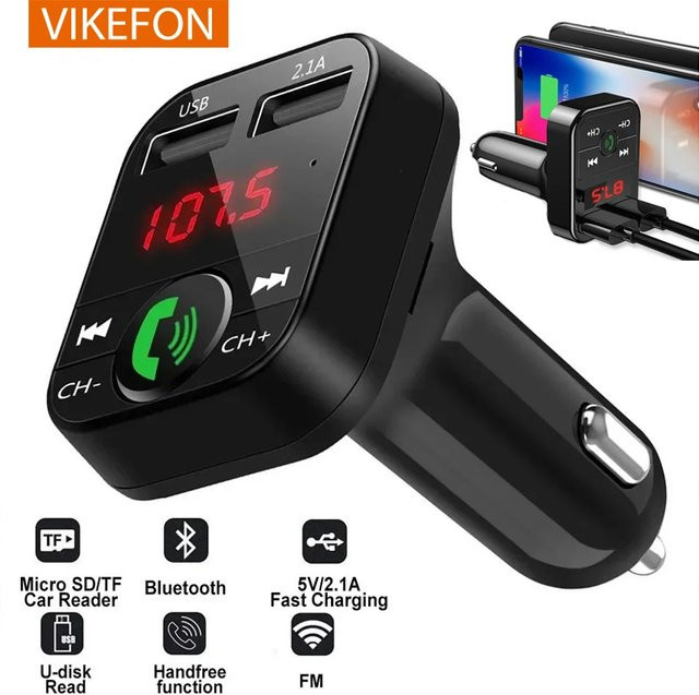 VIKEFON Bluetooth Auto Empfänger mit FM Sender und Dual USB Schnellladegerät in Schwarz - Bild 1