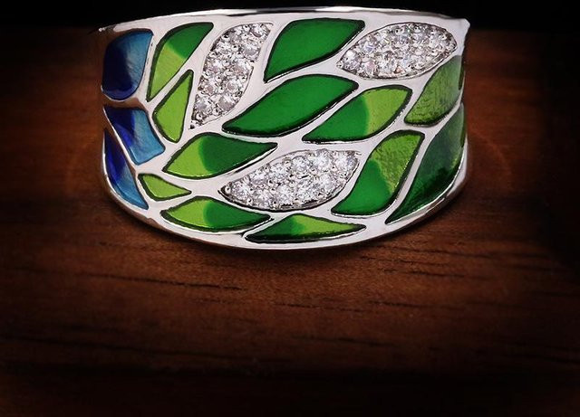 Ring Damen, Emailleblumen, Kupfer, Silber, Zirkonia - Bild 1