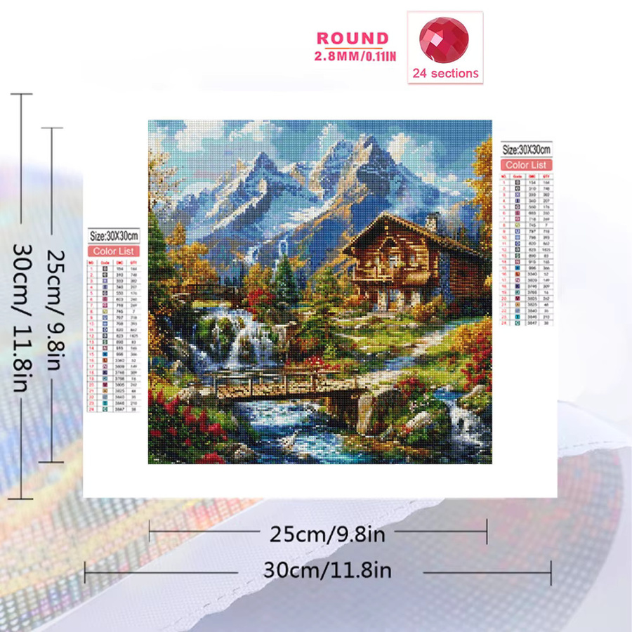 Momoart DIY Diamant-Stickerei Set Hauslandschaft mit Fluss und Bergen, Vollquadrat Runde Diamant-Mosaik Malerei zur Dekoration, B/H: 20 x 20 cm - Bild 2