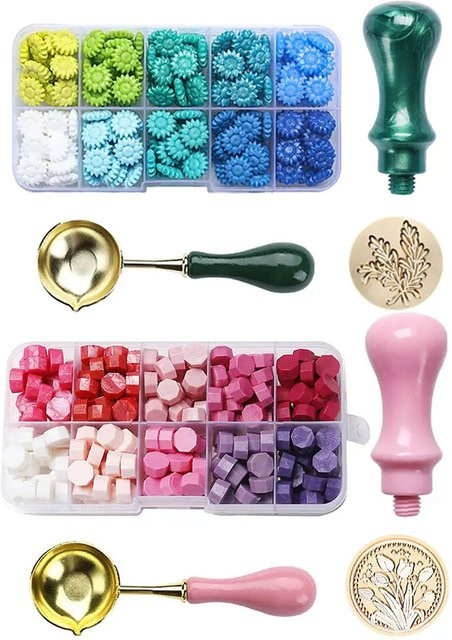 QWELL Siegelwachs Set mit Tulpen-Stempelkopf aus Messing und 200 Wachsperlen in Pink und Multicolour inklusive Holzgriff und Wachsschaber - Bild 1