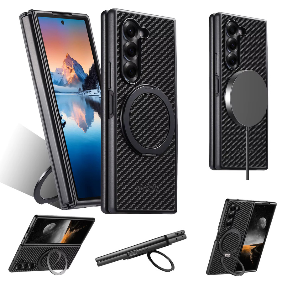 SUTENI Handyhülle mit Magnet für kabelloses Laden und 360 Grad drehbarem Ständer mit Kunstleder-Ringschnalle für Samsung Galaxy Z Fold 8 Ultra, Z Fold 7, Z Fold 6 und Z Fold 5 in Schwarz - Bild 3
