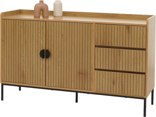 MCW Sideboard O39 in Eucalyptus mit Lamellen-Design, 3 Schubladen und 2 Türen, Farbe: Braun, B/T/H: 130 x 42 x 80 cm - Bild 1