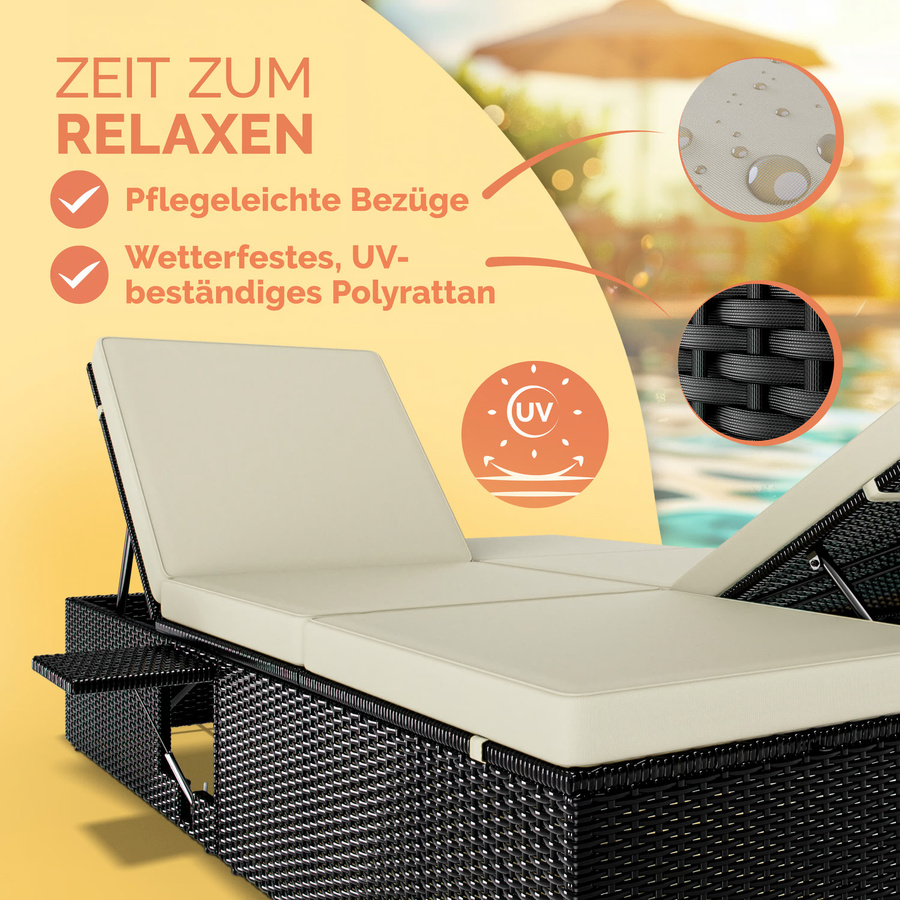 CASARIA Polyrattan Gartenliege Schwarz/Beige mit verstellbarer Kopfstütze und Seitentisch B/T/H: 220 x 115 x 33 cm - Bild 2