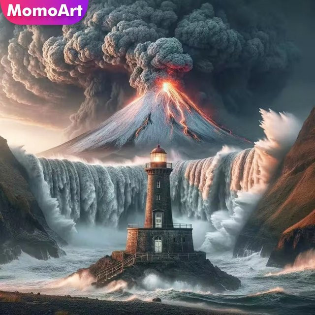 Momoart Diamantmalerei Leuchtturm-Landschaftsmuster, Diamant-Mosaik-Set - Bild 1