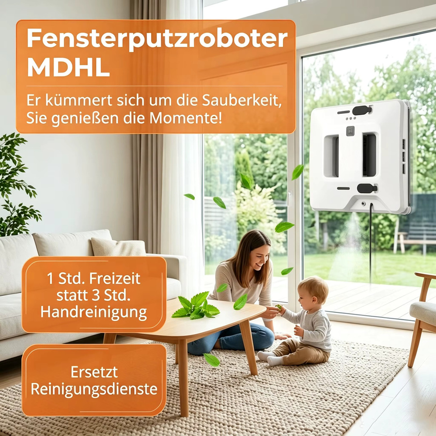 MDHL Fensterputzroboter in Weiß mit 9000Pa Saugkraft, bürstenlosem Motor, Doppel-Düsen Ultraschallvernebelung und Smart Navigation - Bild 3