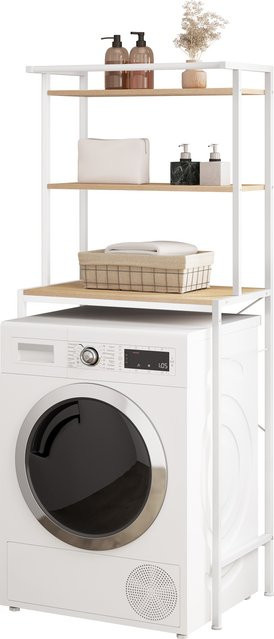 Eugad Badezimmerregal aus Metall und Holz in Schwarz und Eiche, freistehendes Aufbewahrungsregal für Waschmaschine und WC mit 3-stufigem Handtuchhalter - Bild 1
