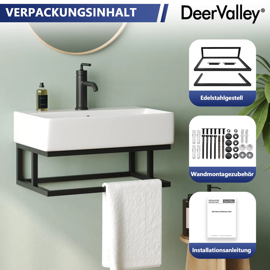 DeerValley Wandmontiertes Aufsatzwaschbecken aus Keramik mit Handtuchhalter und Überlauf, Weiß, B: 56,8 cm, T: 36 cm - Bild 2