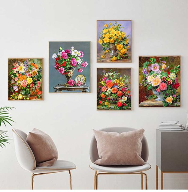 Potdemiel Wandkunst Poster mit europäischer Retro-Blumenmalerei als Leinwanddruck in Mehrfarben - Bild 1