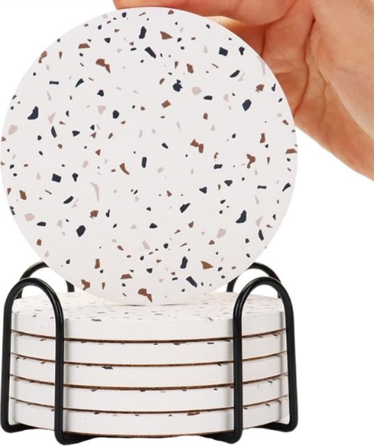 Inyahome Set mit runden Keramik-Untersetzern im Terrazzo-Design mit Halterung - Bild 1