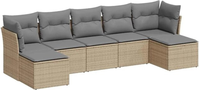 vidaXL 7-tlg. Garten-Sofagarnitur in L-Form mit Kissen, Hellgrau, Poly Rattan und Metallgestell - Bild 1