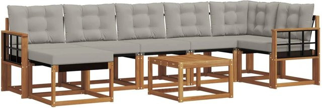 vidaXL Outdoor-Sofagarnitur 8-teilig L-Form aus Akazienholz mit Kissen in Braun und Grau - Bild 1