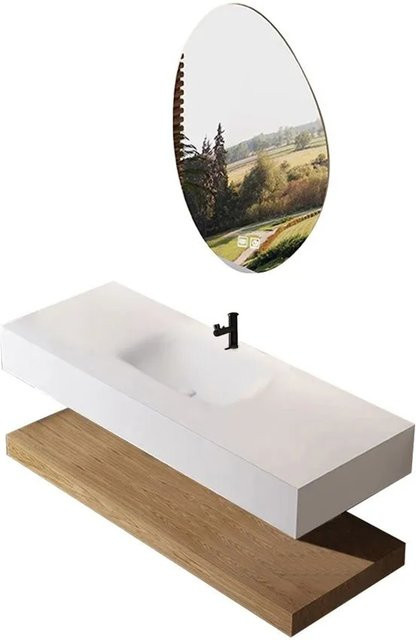 360Home Badezimmer Set mit weißem Sinterstein-Waschbecken, LED-Spiegel mit Anti-Beschlag-Funktion und brauner Ablage, Wandmontage, Breite: 120 cm, Tiefe: 55 cm - Bild 1
