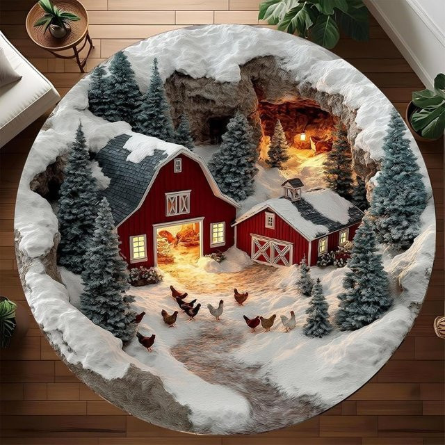 Runder Teppich 3D Snowy Farm Design mit roter Scheune und Kiefern in Rot und Multicolour für dein Wohnzimmer - Bild 1