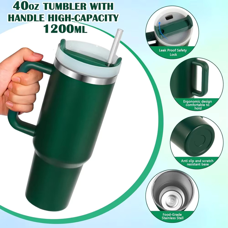 Abay Thermo-Becher aus Edelstahl mit Griff und Deckel sowie Strohhalm, Blau, 1,18 l - Bild 4