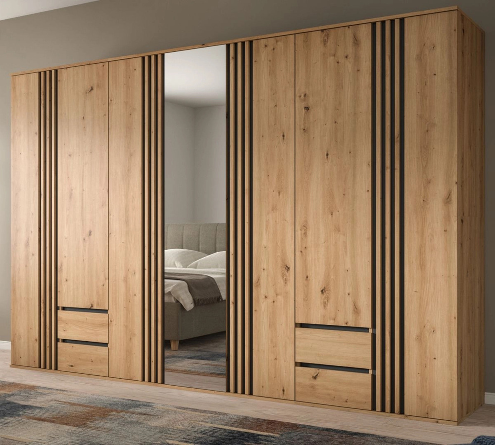 Kleiderschrank Björke mit Spiegel und integrierten Schubladen in Artisan Eiche, B/H: 280 x 192 cm - Bild 1