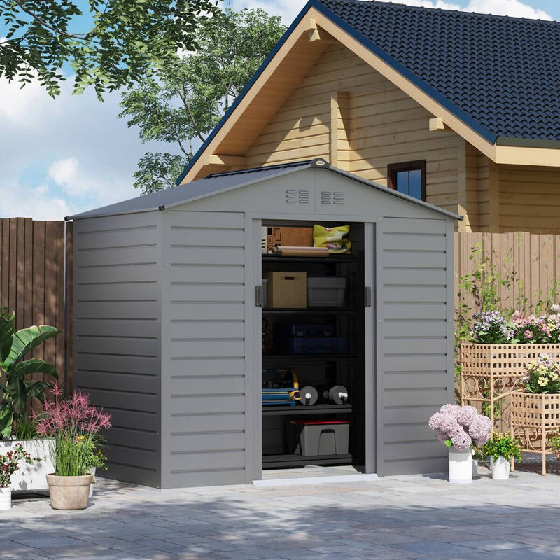 Outsunny Gartenhaus aus verzinktem Stahl mit Satteldach und abschließbarer Schiebetür, Grau, B/H/T: 213 x 131 x 192 cm - Bild 4