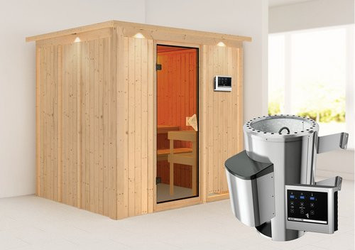 Karibu Sauna Olai aus Fichtenholz in Beige inklusive 3.6 kW Saunaofen mit externer Steuerung für 3 Personen, B/T/H: 184 x 202 x 210 cm - Bild 1