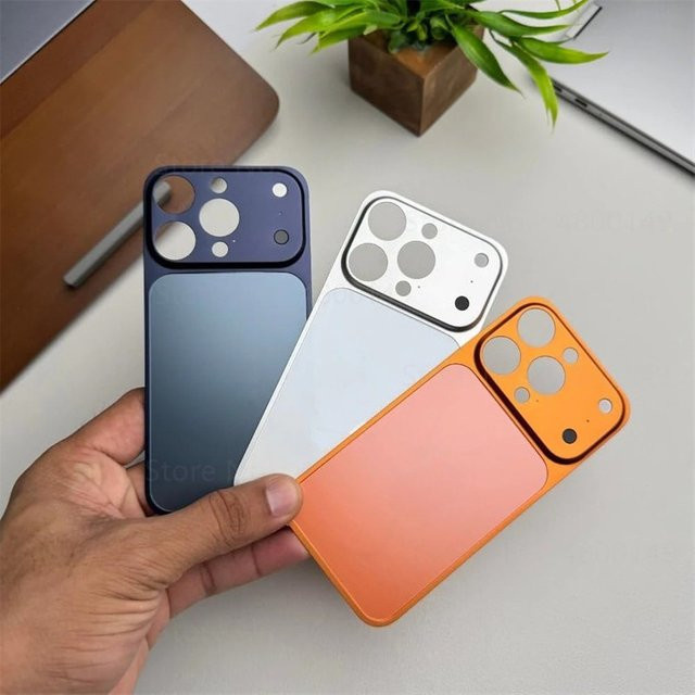 OLPAY Metall-Rückplatte und Displayschutzfolie Konverter-Set für iPhone 16 15 14 13 Pro Max und 16 Pro in Silber und Orange - Bild 1