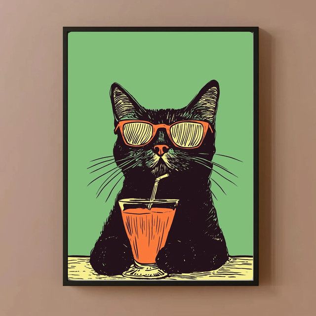 Retro-Poster von SHENCHEN mit schwarzen Katzen und Getränken in Schwarz und Grün - Bild 1