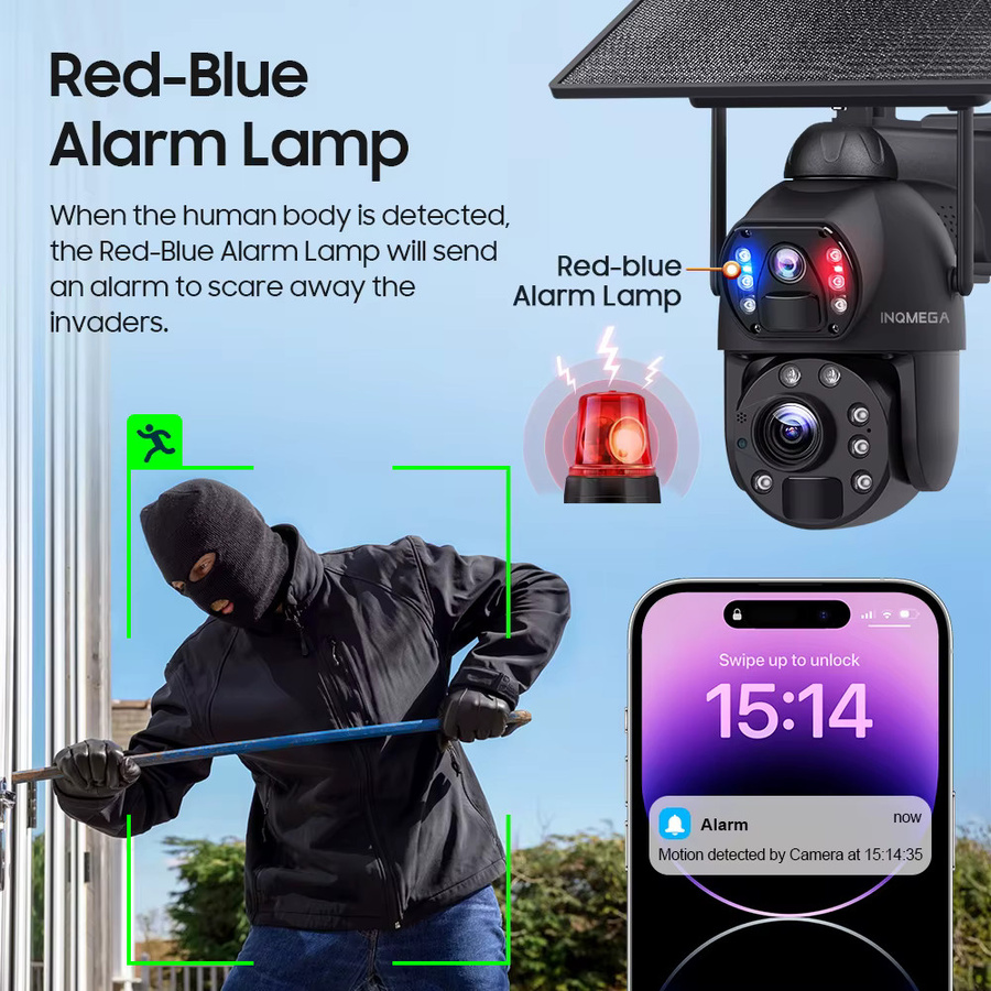 Inqmega Solar Überwachungskamera mit 8MP 4K Auflösung, 4G SIM und WLAN, Dual Lens mit 36x optischem und digitalem Zoom, Human Tracking, Schwarz - Bild 4