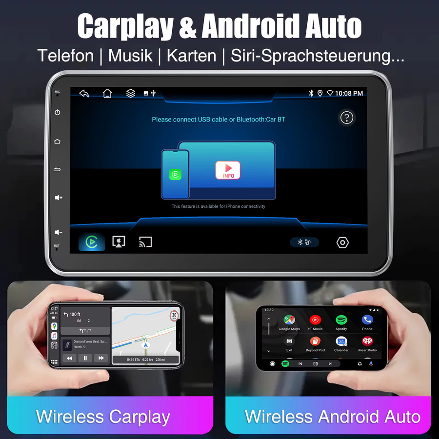 ESSGOO 10,1 Zoll Drehbares Autoradio mit 6GB RAM und 128GB Speicher, QLED Octa-Core Android Radio mit 4G LTE, CarPlay, Android Auto, GPS und Bluetooth in Schwarz - Bild 4