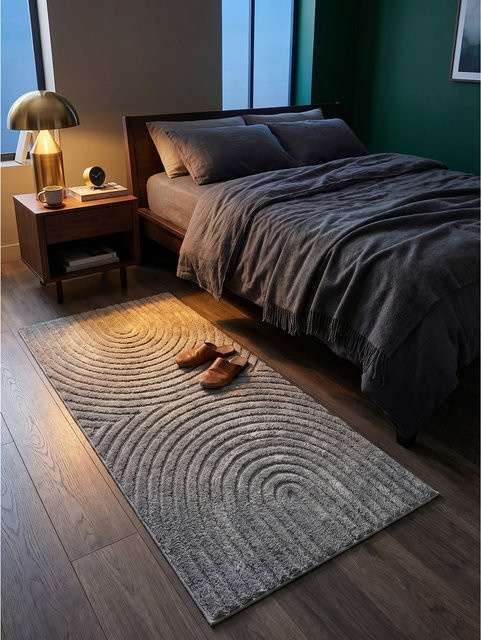 Kadima Design Hochflorteppich Organische Bögen mit 3D-Effekt in Silber/Grau, B/T: 80 x 250 cm, Waschbar - Bild 1