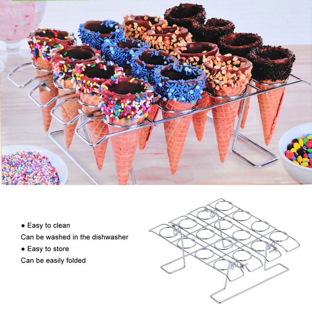 Qiilu 16-Loch Eiswaffelhalter aus Edelstahl in Silber für Cupcakes und Kegel - Bild 1