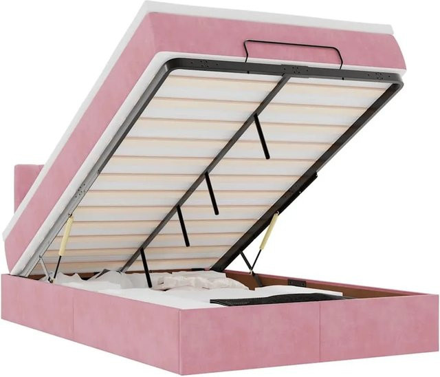 vidaXL Ottoman-Bett mit Matratze in Rosa, Samt, mit LED-Unterbettbeleuchtung und USB-Ladeanschluss, B/T: 120 x 200 cm - Bild 1